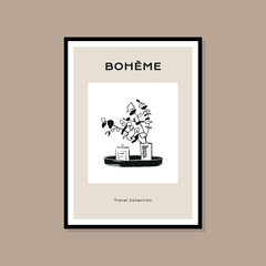 Minimal bohemian travel illustration poster design for wall art gallery 