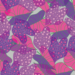 Vector Caladium leaves pink purple blue magenta seamless pattern background. Perfect for fabrics, wallpaper, scrapbooking and giftwrap projects. 