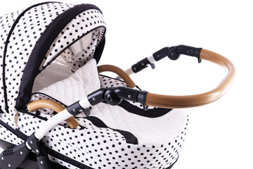 Modern baby stroller with bassinet and car seat isolated on a white background