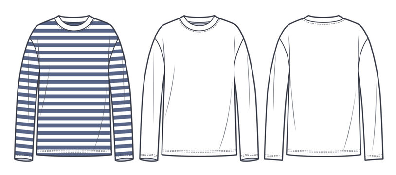 Long Sleeve Shirt fashion flat tehnical drawing template. Unisex T-Shirt fashion template, crew neck, long sleeve, front and back view,  stripe design, white, blue, women, men, CAD mockup set.