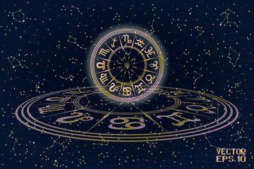 Blue and Pink Round Frame with Zodiac Signs. Horoscope Symbol. Panoramic Sky Map of Hemisphere. Glowing Yellow Constellations on Starry Night Background. Vector. 3D Illustration