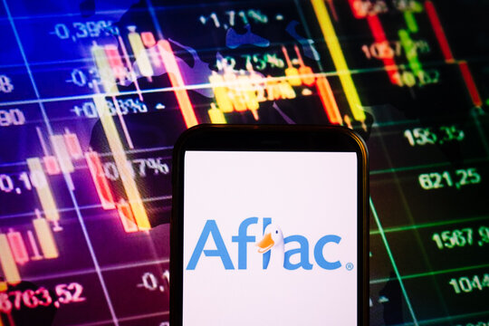KONSKIE, POLAND - September 04, 2022: Smartphone displaying logo of Aflac company on stock exchange chart background