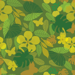 Vector celebrating nature with Alamanda flowers leaves butterflies yellow green seamless pattern background. Suitable for fabric, giftwrapping, wallpaper and scrapbooking projects.