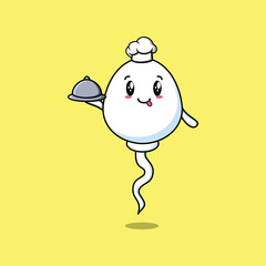 Cute Cartoon chef sperm mascot character serving food on tray cute style design
