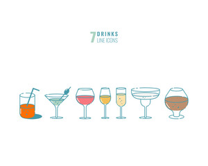 Set of 7 drinks line icons isolated on white
