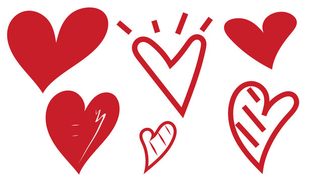 PNG. Hearts sketch set. Various different hand drawn heart icon love collection isolated on transparent background. Red heart symbol for Valentines Day.