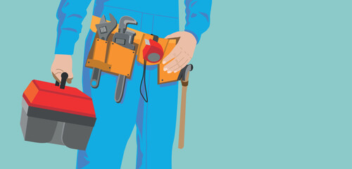 Worker with work belt and toolbox, vector. Copy space, service and maintenance concept