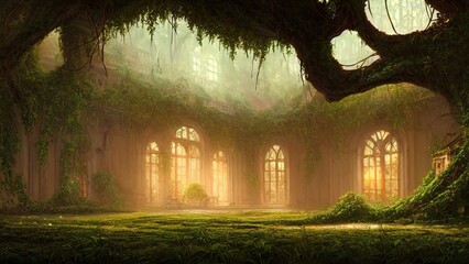 Abandoned palace castle overgrown with vegetation, ivy and vines. Empty atrium halls, no one around. Building is captured by nature and vegetation. 3d illustration - obrazy, fototapety, plakaty