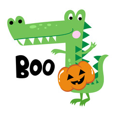 Boo - funny vector quotes and crocodile drawing. Lettering phrase for Halloween party. Cute alligator character illustration on isolated background.