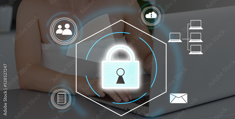 Poster digital padlock icon, cyber security network and data protection technology on virtual interface scr