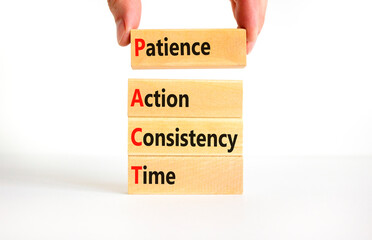 PACT patience action consistency time symbol. Concept words PACT patience action consistency time on blocks on white background. Business PACT patience action consistency time concept. Copy space.