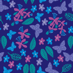 Vector celebrating nature with garden blue purple butterflies leaves flowers seamless pattern background. Perfect for fabrics, wallpaper, giftwrapping and scrapbooking projects.