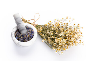 lavender spa products with dried lavender flowers on a isolated background. - obrazy, fototapety, plakaty