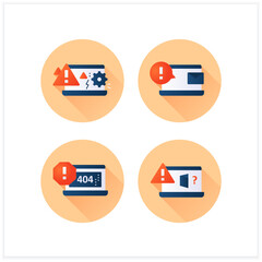 Warnings flat icons set. Different notification types.Computer breakdown,pop up messages,404 error. Signs variation concepts.3d vector illustrations