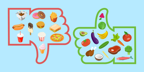 3D Isometric Flat Vector Conceptual Illustration of Healthy Vs Junk Food, Fastfood and Balanced Menu Comparison
