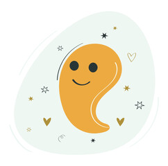 Halloween vector ghost. Cute smiling flying ghost in yellow. Funny autumn cartoon badge for all saints day. Vector illustration in a flat style. Greeting card.