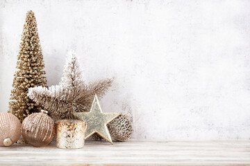 Christmas gold stars. Christmas decoration. Background on the gray color.