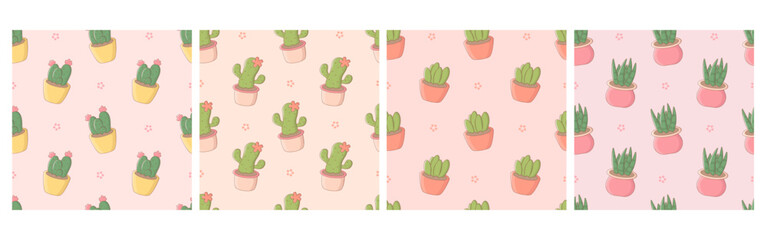 Collection of seamless pattern with cartoon cactuses and potted plants. Cute print for phone case, backgrounds, fashion, wrapping paper and textile. Vector Illustration