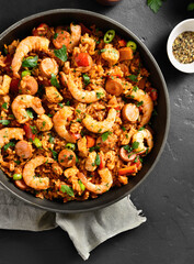 Jambalaya with chicken, smoked sausages and vegetables