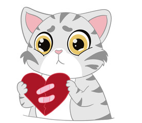 The sad and unhappy American Shorthair Cat holds the broken red heart acts as sad, upset and cry emotional.  Doodle and comic.