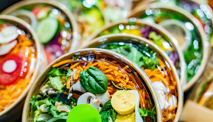 Vegetable salads displayed in a commercial refriger