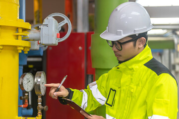 Asian engineer wearing glasses working in the boiler room,maintenance checking technical data of heating system equipment,Thailand people