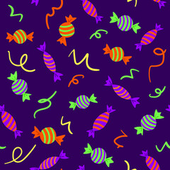 Fototapeta na wymiar Decorative fancy seamless pattern with sweets and decor on purple background. Halloween decorative seamless pattern