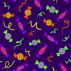 Decorative fancy seamless pattern with sweets and decor on purple background. Halloween decorative seamless pattern