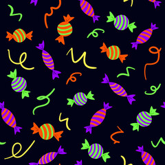 Decorative fancy seamless pattern with sweeets and decor on dark background. Halloween decorative seamless pattern