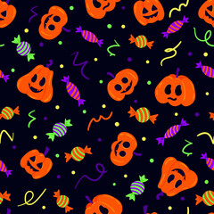 Fancy Halloween seamless pattern with cute spooky pumpkins and candies on dark background