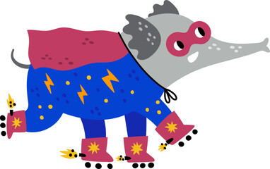 Elephant in superhero clothes skating. Funny baby animal