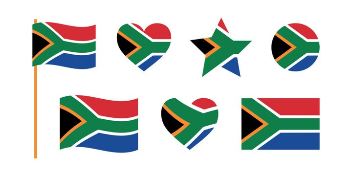 South Africa flag signs set, snar shape, heart shape decorative element. Independence Day of South Africa. National symbols of Heritage Day in South Africa.