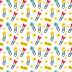 Seamless pattern paper clips and sticky tape. Cartoon repeat background. Children digital paper for wallpaper, textile, fabric design