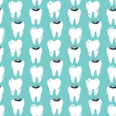 Seamless pattern of a cracked tooth with decay. Cartoon stomatology repeat background. Dental children digital paper for wallpaper, textile, fabric design