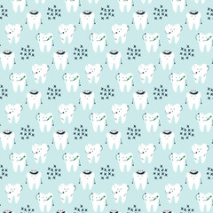 Seamless pattern sick teeth with abstract crosses. Cartoon stomatology repeat background. Dental children digital paper for wallpaper, textile, fabric design