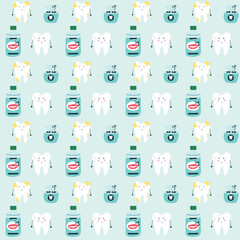 Seamless pattern tooth with cavities mouthwash floss. Cartoon stomatology repeat background. Dental children digital paper for wallpaper, textile, fabric design