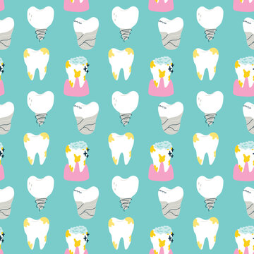 Seamless pattern filled tooth with decayed implant. Cartoon stomatology repeat background. Dental children digital paper for wallpaper, textile, fabric design