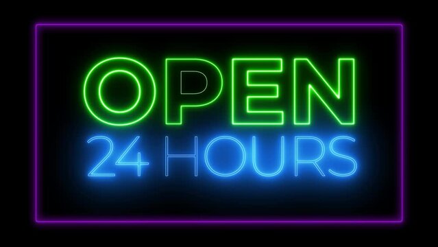 Video of green and blue neon sign indicating that the store is open 24 hours