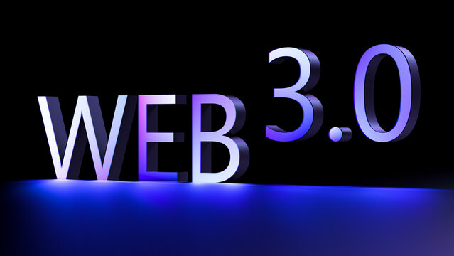 WEB 3.0 neon letters, word on black background. Concept WEB 3.0 internet future technology banner. 3D render.
