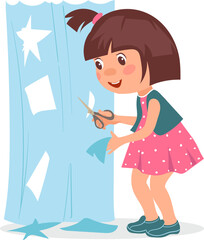 Kids destroy. Children bad behavior. Girl cutting curtain with scissors. Mischievous teenager spoiling drapery. Unattended teen. Home damages. Destructive game. Vector illustration