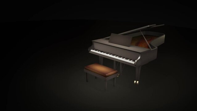 Grand piano. Dark 3D motion graphics music concept trucking intro shot, with a black shiny piano. A template with copy space for text
