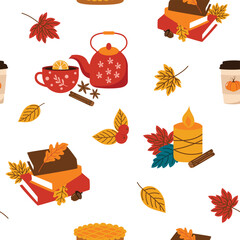Cozy Fall Seamless Pattern,  Autumn Fabric Pattern Design Vector Illustration