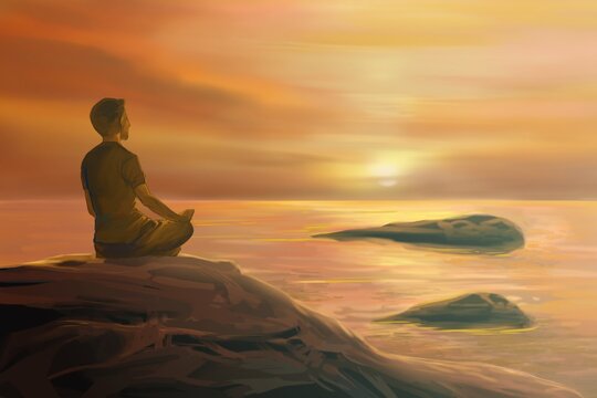 Calm mind. Man meditating on the rocky shore at dusk. sunset near the horizon. digital painting art style, illustration.