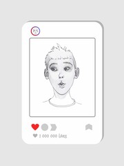 Light gray background with a white smartphone in the center. A popular social network. A post with a boy drawn with a graphite pencil, with a surprised cheerful face. A page in an Internet blog.