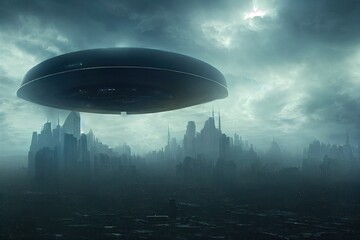 Naklejka na ściany i meble An alien saucer hovering over the city. UFO, alien invasion, unidentified flying object, visitors from space. The concept of space travel and extraterrestrial life. 3D render