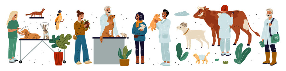 Vet doctors with animals. Cartoon veterinarians examining cute pets. Domestic livestock. Dogs and cats treatment. People take care of hare and goat. Veterinary clinic. Garish vector set