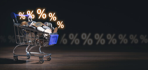 Percentage symbols and coins. Interest rates
