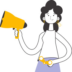 The girl is holding a bullhorn and binoculars in her hands. Job Search Theme. H.R. Linear modern style. Isolated. Vector.