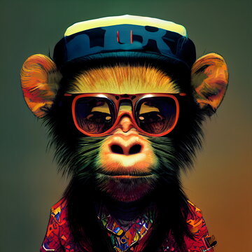 Stylized cool funky monkey portrait colored 3D Illustration with a colorful background