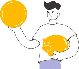The guy holds a coin and a piggy bank in his hands. The theme of saving money. Linear modern style. Isolated. Vector.